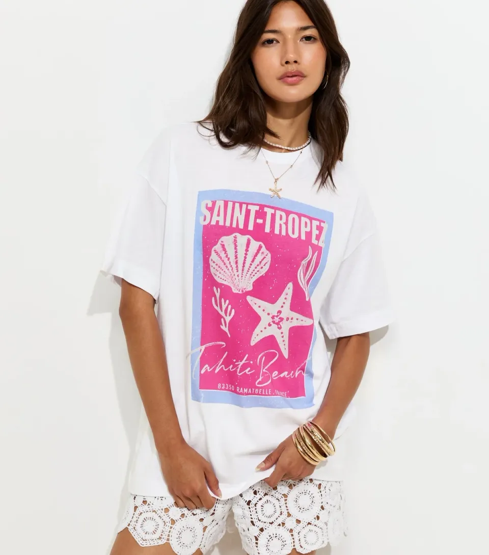 Women's White Cotton St Tropez Oversized T-Shirt
