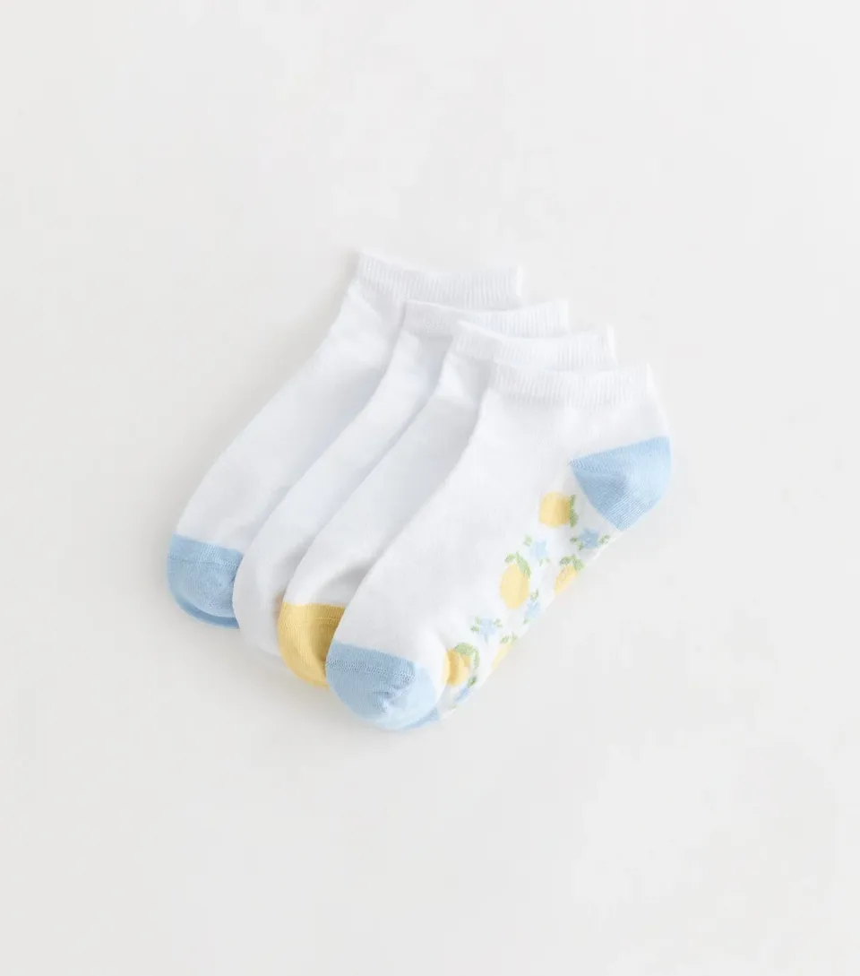 Pack Of 4 White Cotton Rich Lemon and Striped Trainer Liner Socks