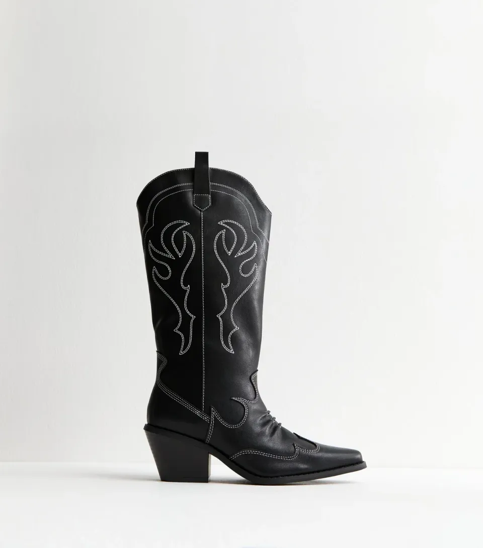 Women's Black Faux Leather Stitch Detail Cowboy Boots Vegan