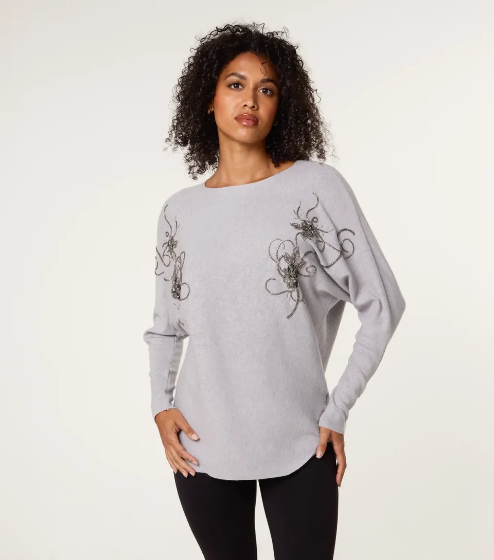 Women's Mid Grey Beaded Embroidery Rib Jumper