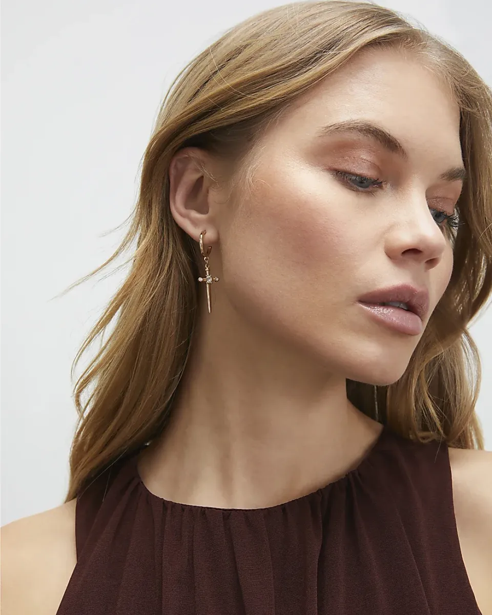 Cross Drop Hoop Earrings