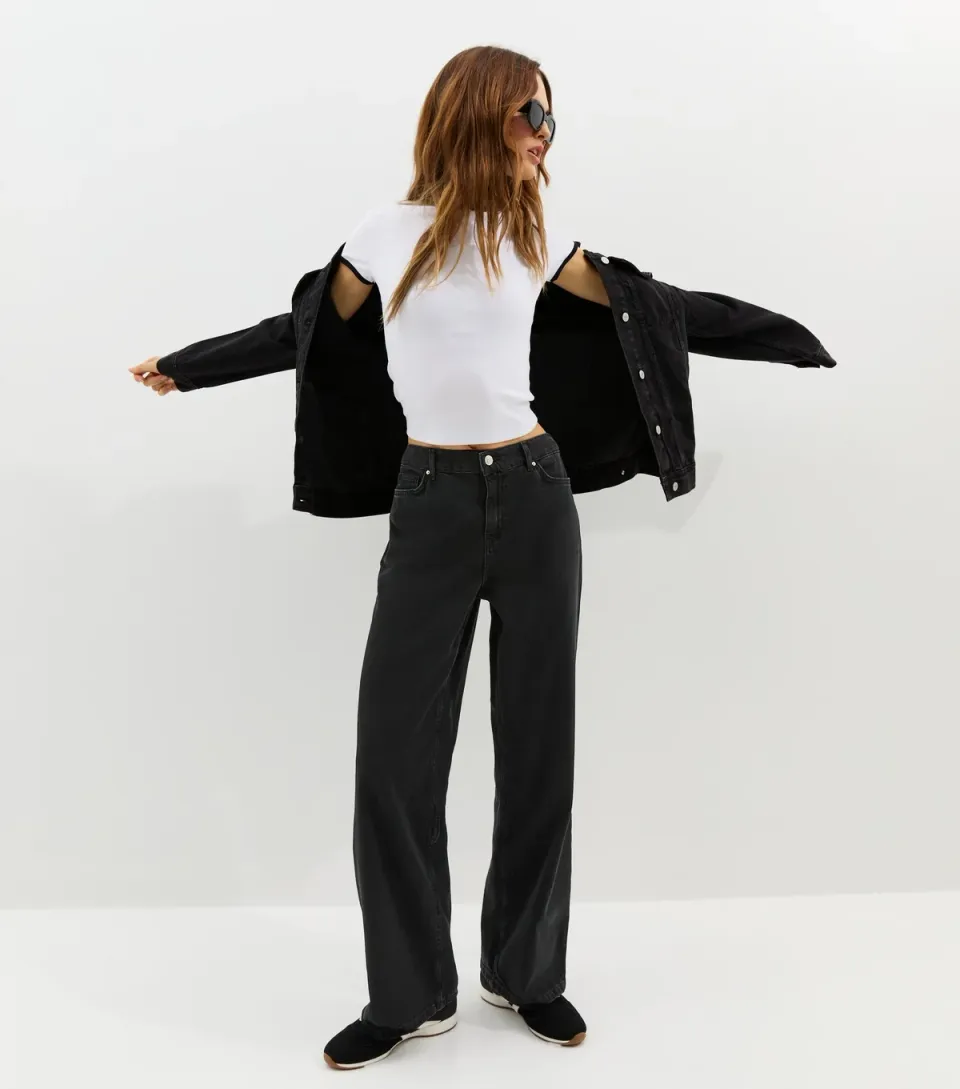 Women's Black Elasticated Waist Wide Leg Jeans
