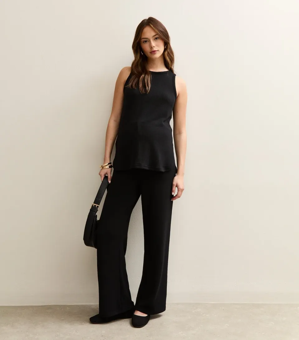 Women's Maternity Black Textured Wide Leg Trousers