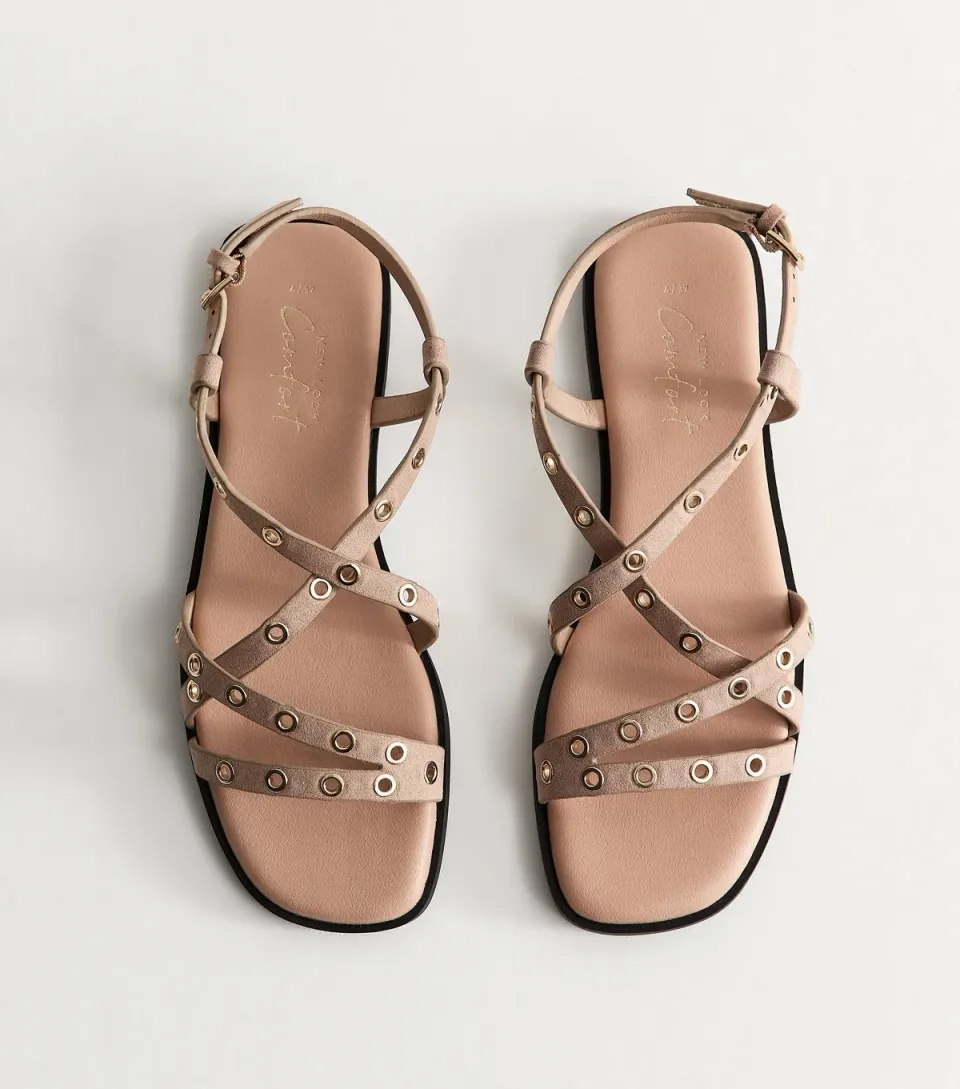 Women's Light Brown Faux Suede Eyelet Embellished Multi Strap Flat Sandals Vegan
