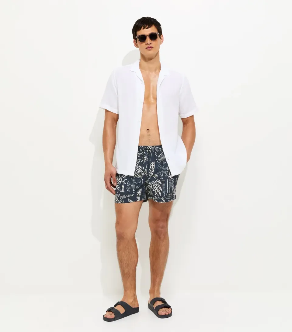 Men's Navy Sketch Palm Swim Shorts