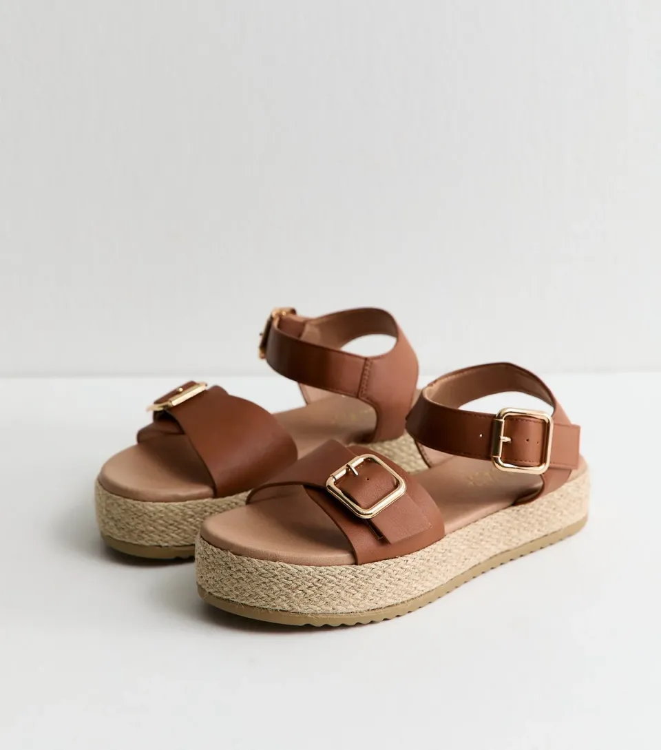 Women's Wide Fit Tan Faux Leather Buckled Strap Flatform Sandals Vegan