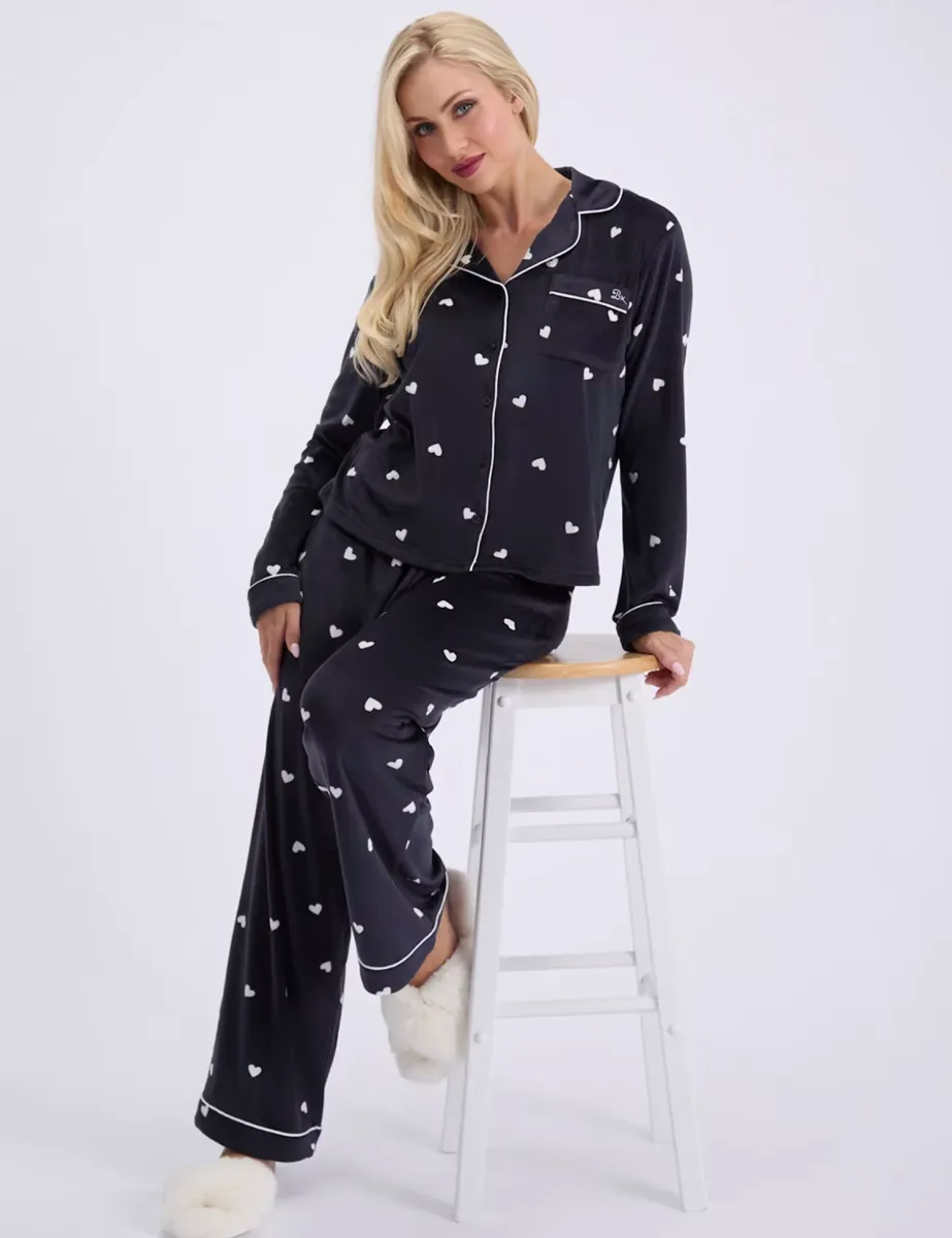 Velour Heart Print Revere Pyjama Set