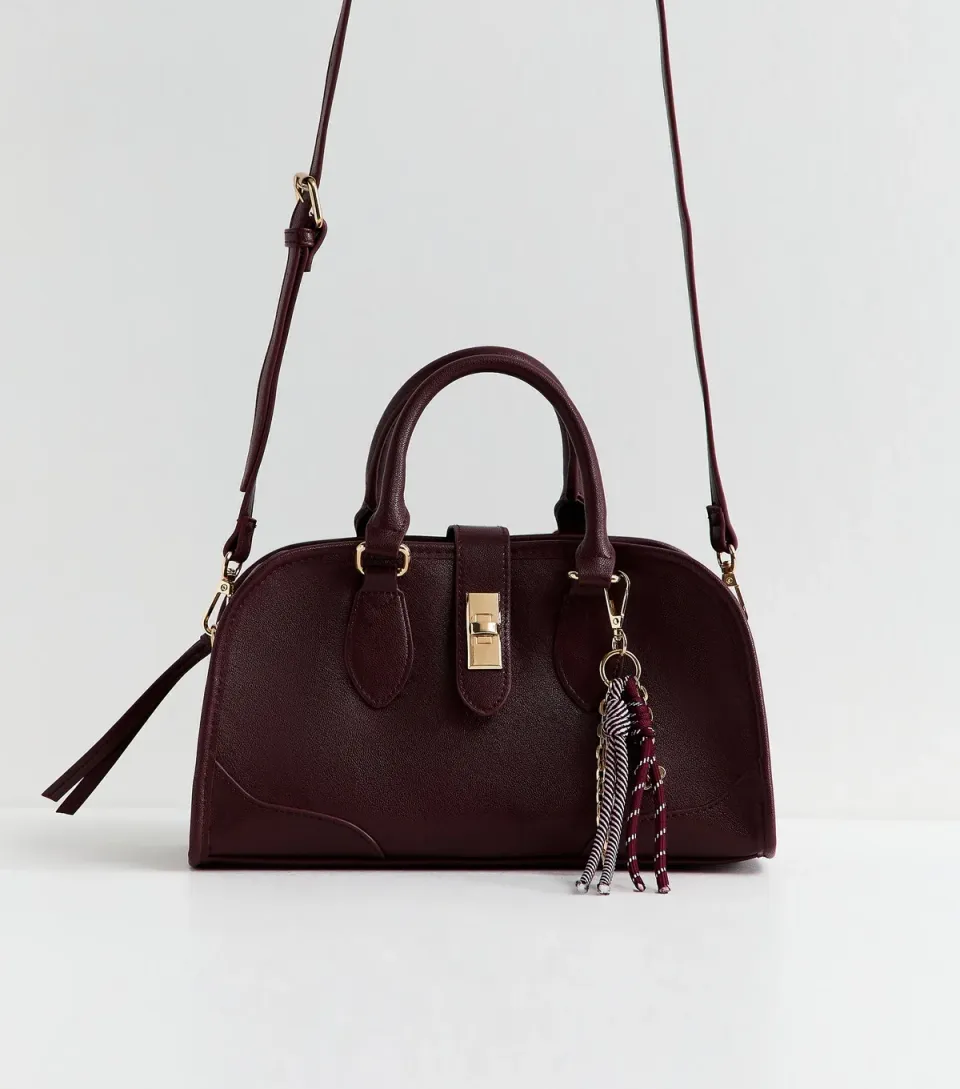 Dark Burgundy Faux Leather Charm Detail Bowler Bag