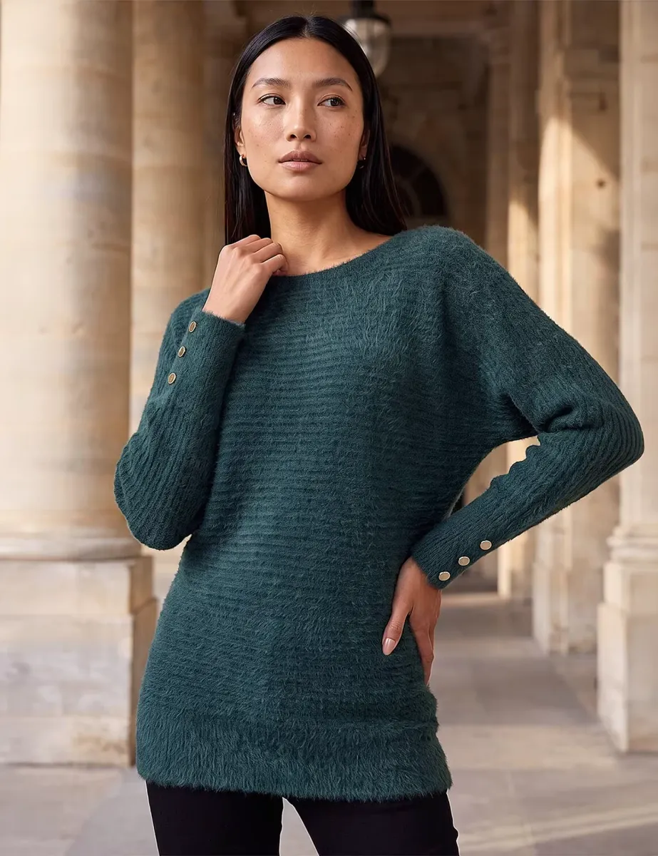 Button Sleeve Fluffy Jumper Green