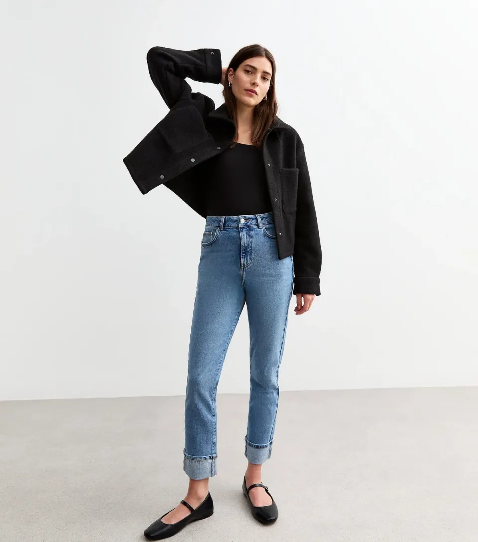 Women's Blue Straight Leg Turn Up Jeans