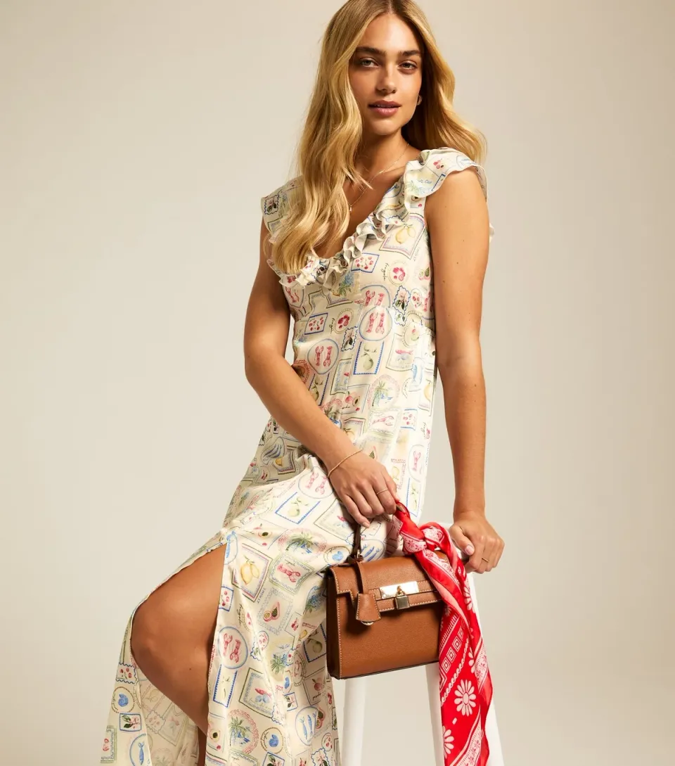 Women's Multicoloured Tile Print Ruffled Satin Midi Dress