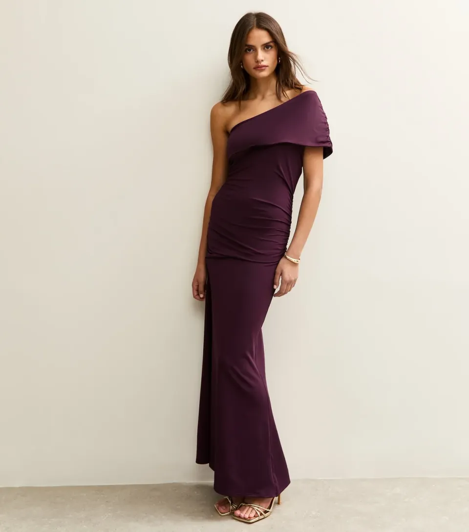 Women's Dark Burgundy One Shoulder Ruched Maxi Dress