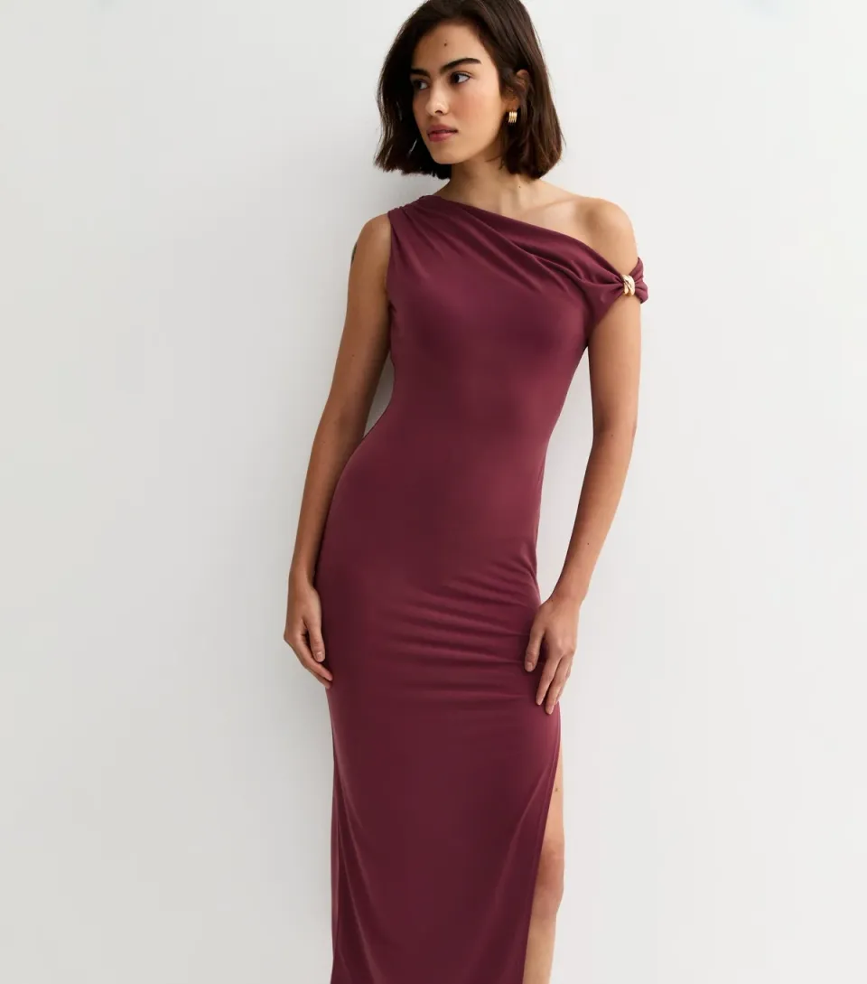 Women's Burgundy Jersey Off The Shoulder Midi Dress