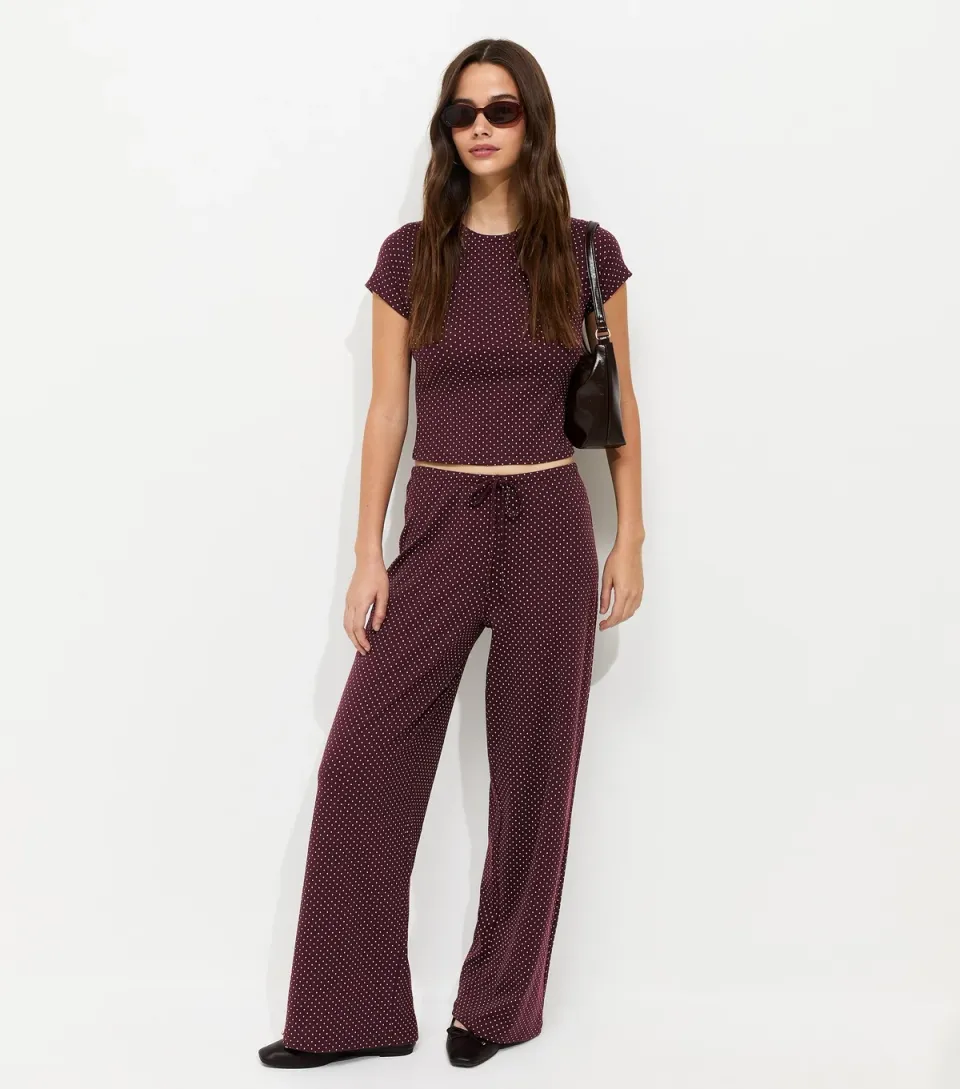 Women's Burgundy Polka Dot Drawstring Wide Leg Trousers