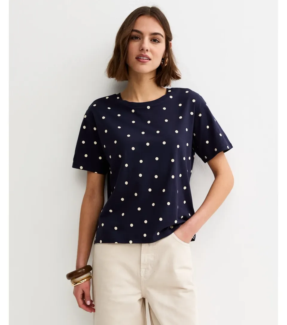 Women's Navy Polka Dot Short Sleeve T-Shirt