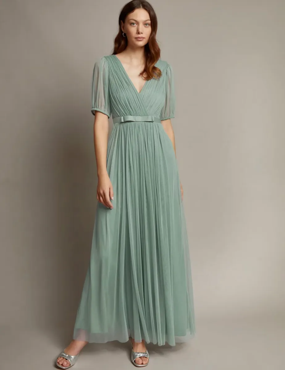 V-Neck Sheer Sleeve Maxi Waisted Dress Light Green