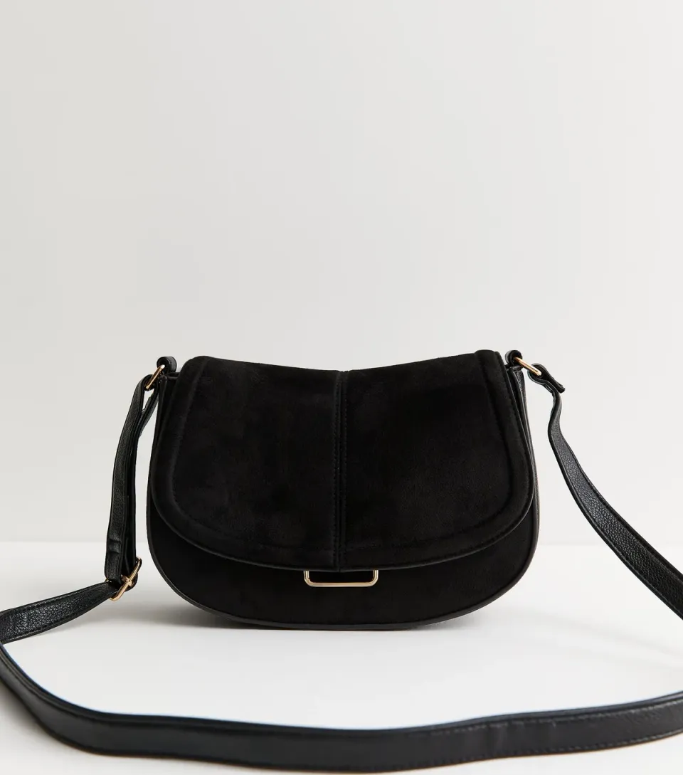 Black Faux Suede Saddle Shoulder Bag