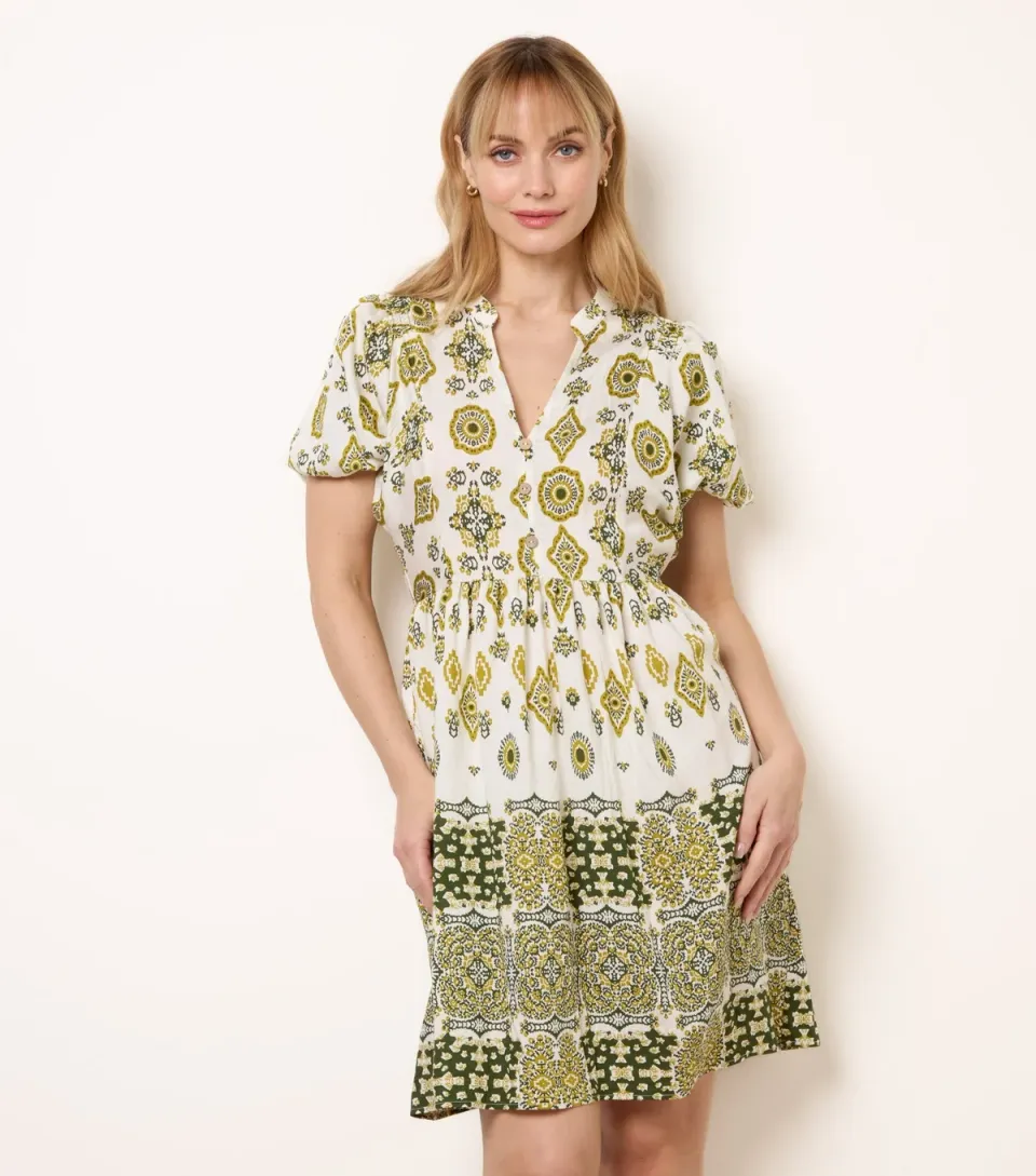Women's Green Border Print Mini Dress