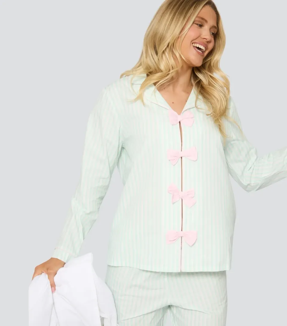 Women's Loungeable Green Striped Bow Applique Pyjama Set