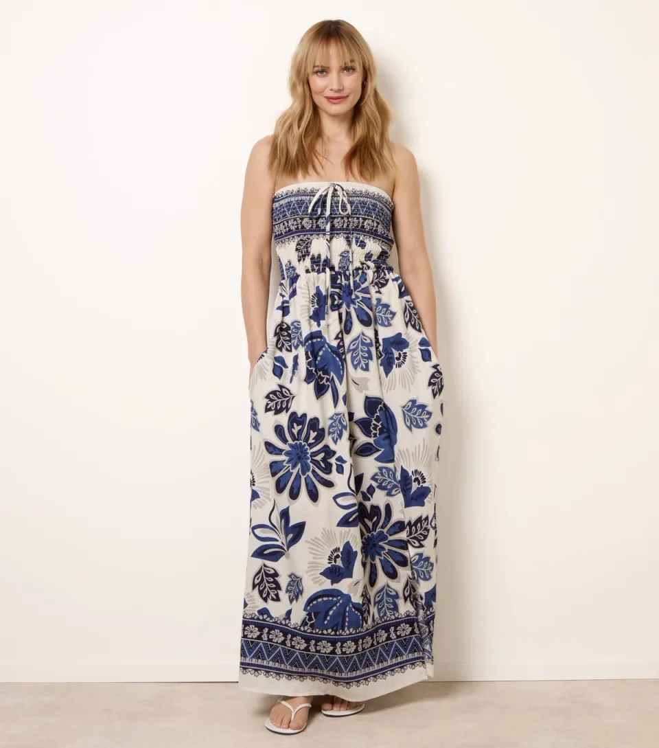 Women's Navy Floral Print Bandeau Maxi Dress