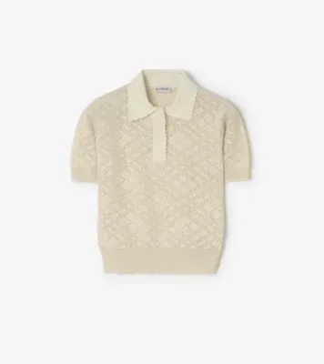 Check Wool Silk Polo Shirt in Ceramic white