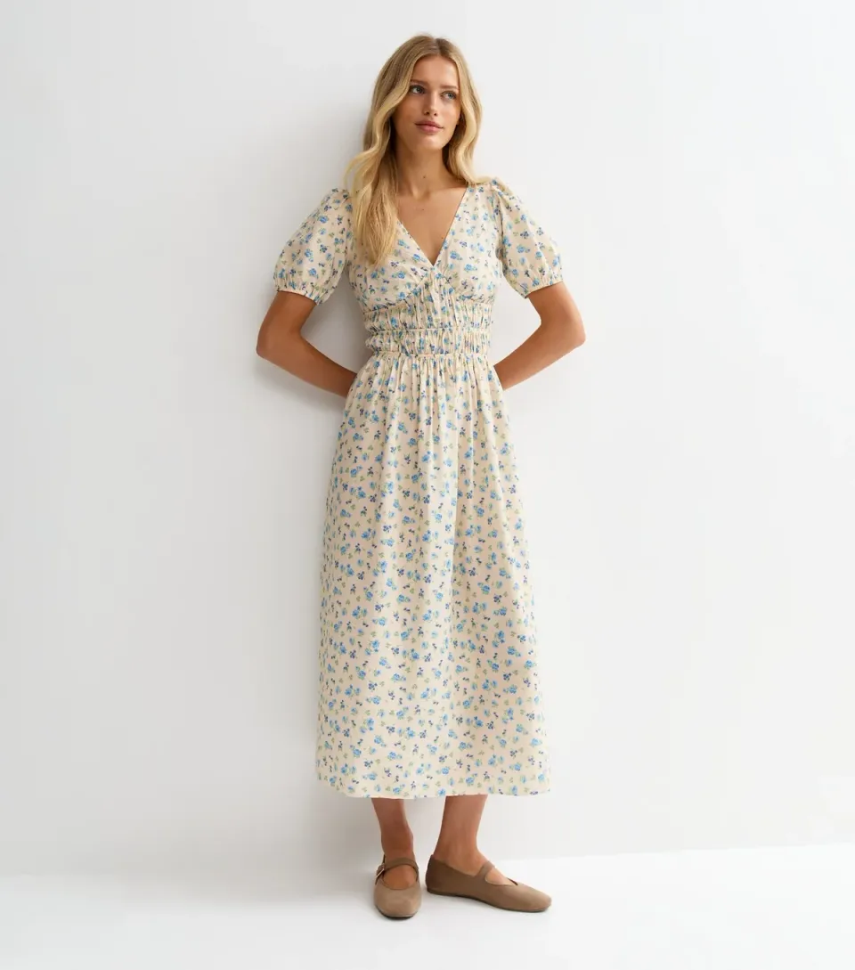 Women's Cream Floral Ruched Waist Midi Dress