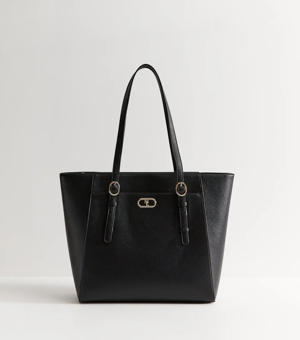 Black Textured Faux Leather Slim Strap Tote Bag Vegan