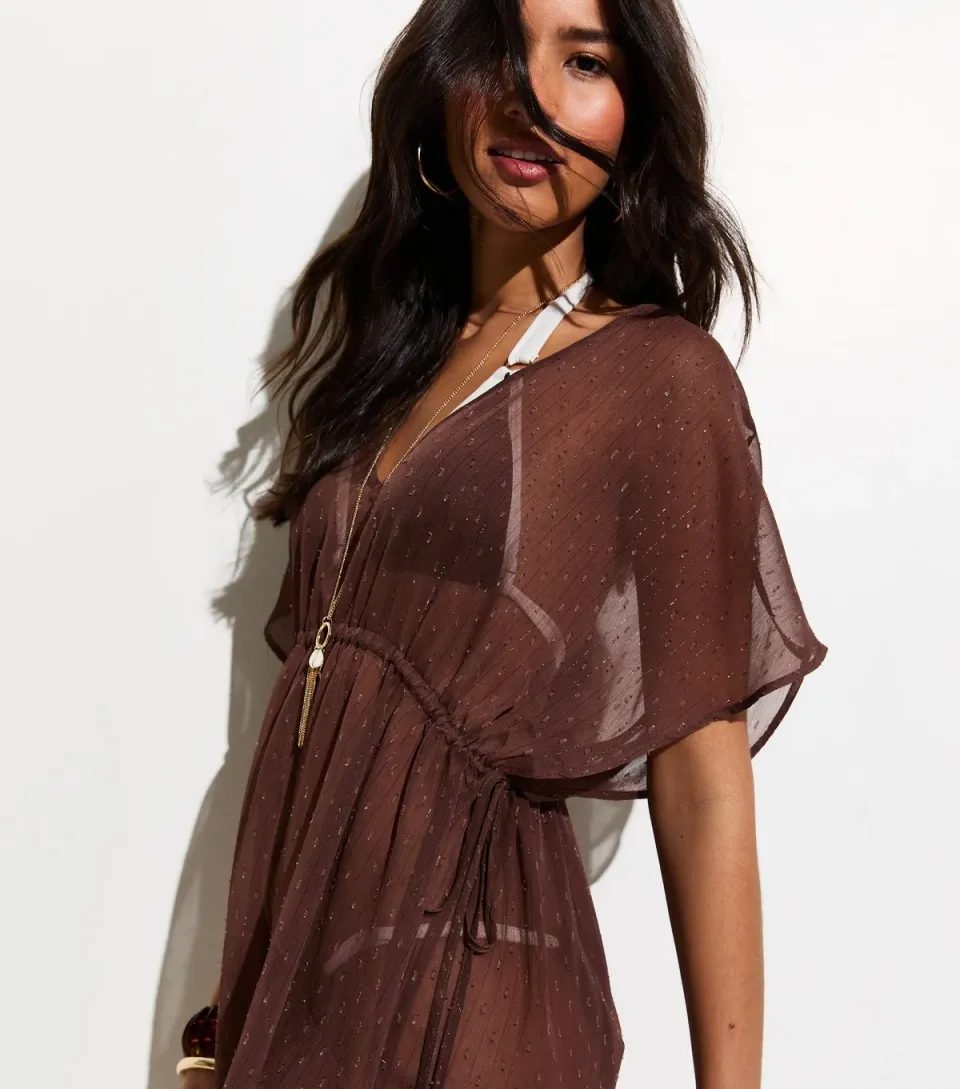 Women's Dark Brown Sheer Sparkly Beach Kaftan Dress