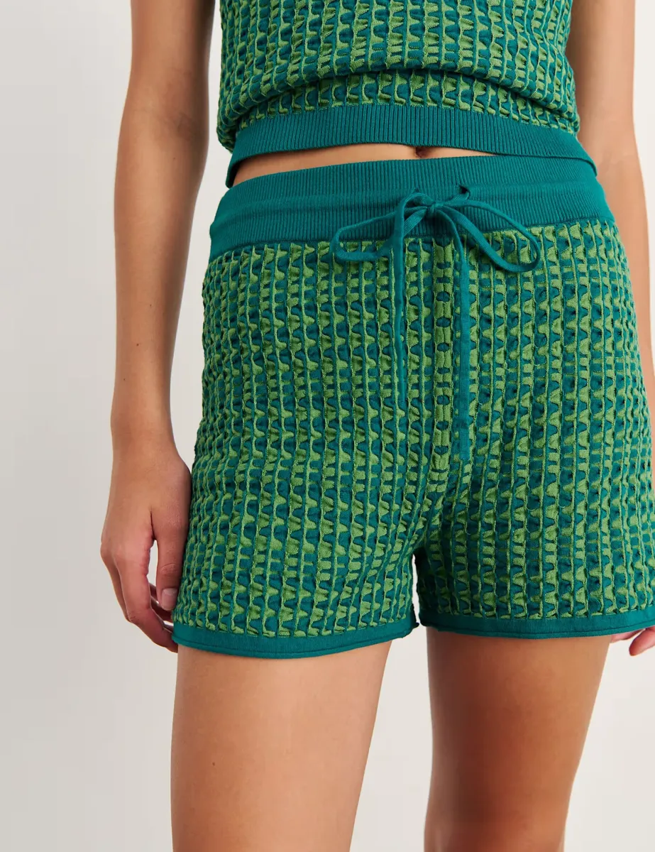 Pure Cotton Textured Knitted Shorts Green
