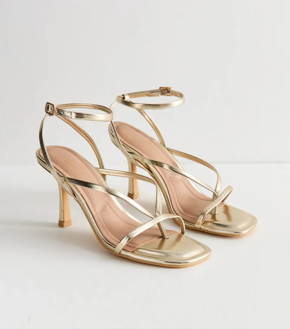 Women's Gold Faux Leather Toepost Strappy Stiletto Heels 80 Vegan