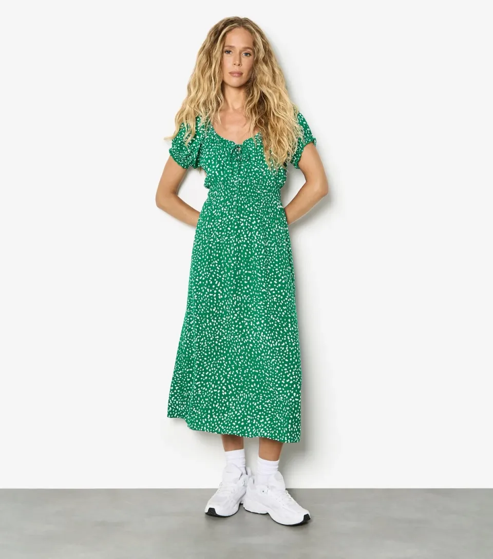 Women's Green Spotted Milkmaid Midi Dress