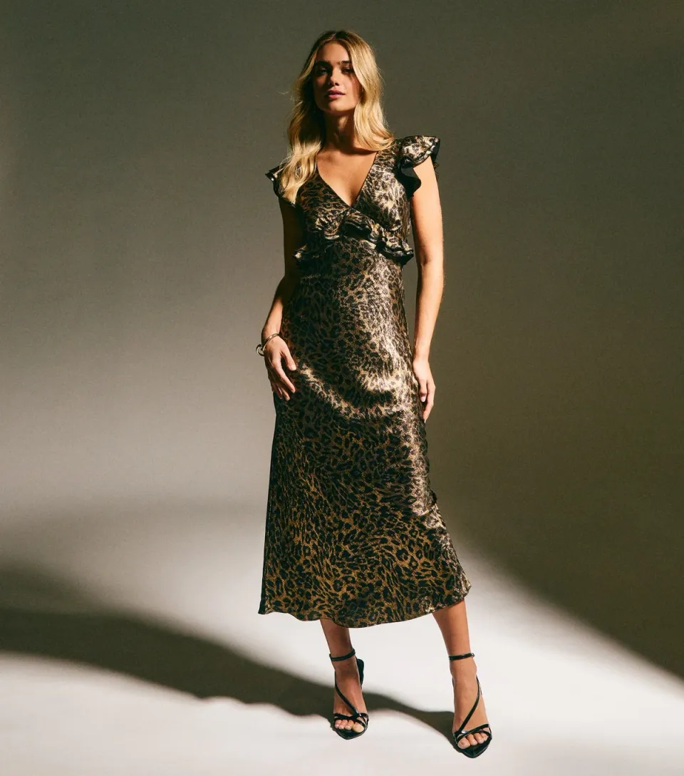 Women's Gold Foil Animal Print Midi Dress