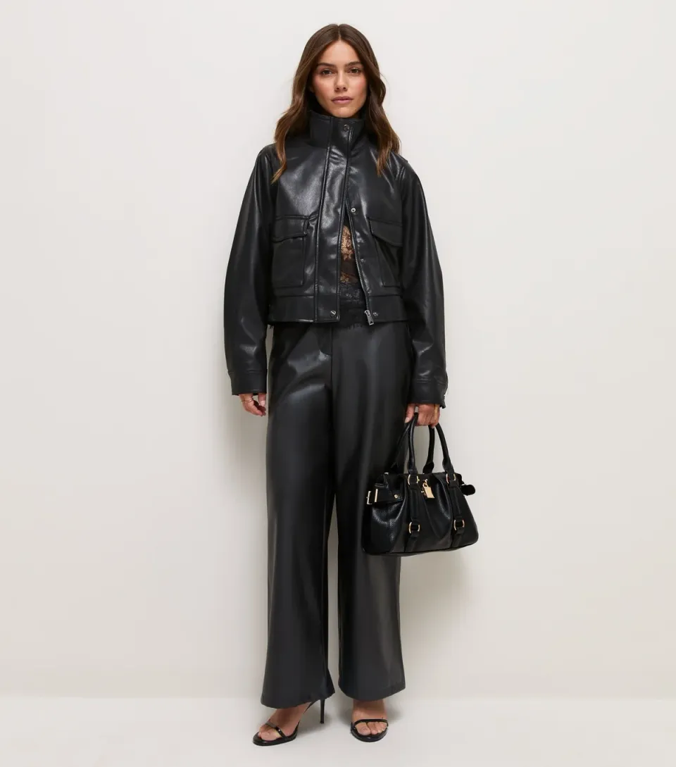 Women's Petite Black Faux Leather Wide Leg Trousers