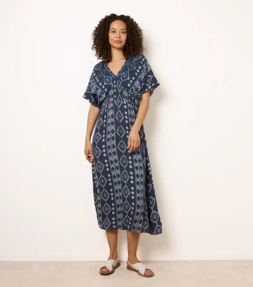 Women's Navy Embellished Shirred Waist Midi Dress