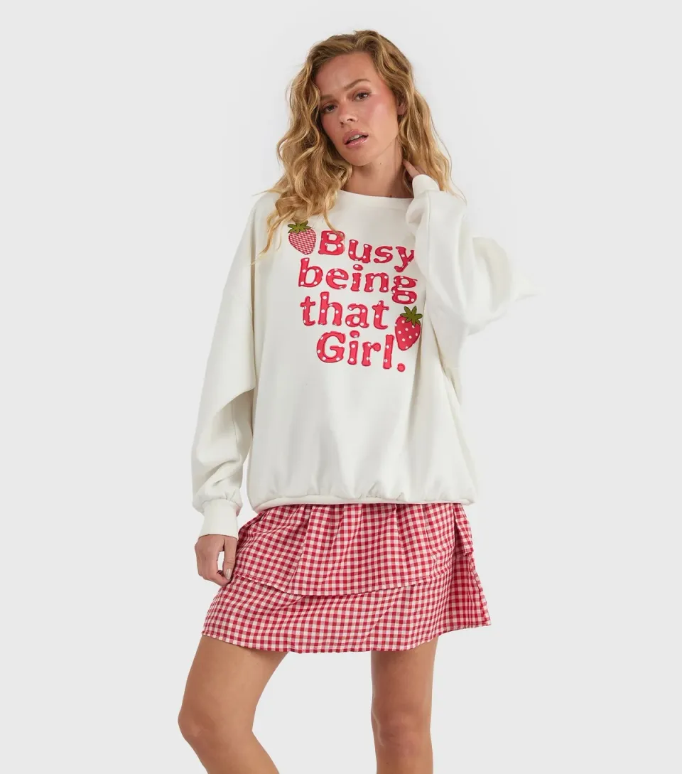 Women's White Busy Being That Girl Strawberry Embroidered Sweatshirt