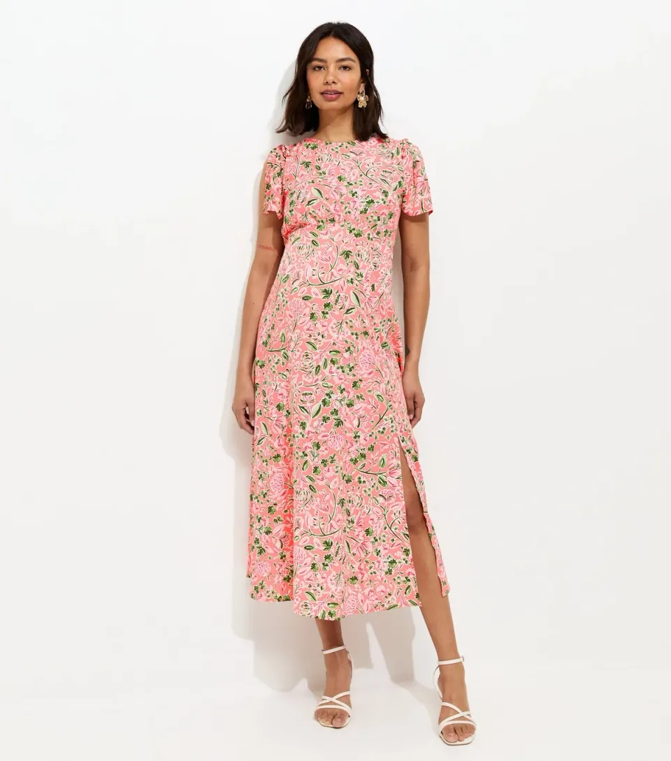 Women's Maternity Pink Crepe Floral Print Midi Dress