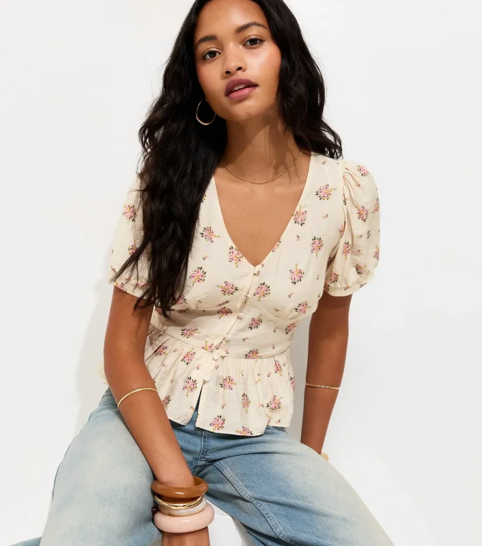 Women's Cream Floral V Neck Tea Blouse