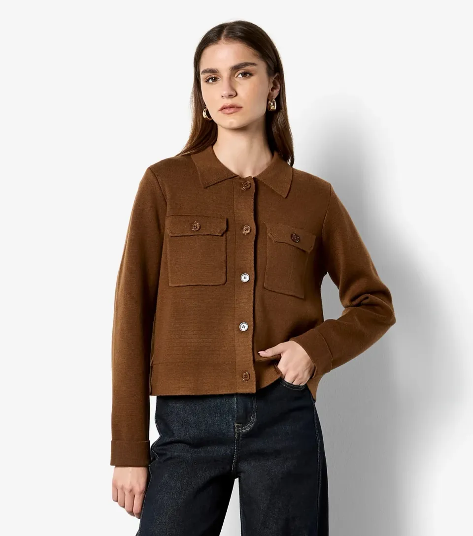 Women's Brown Collared Button Up Cardigan