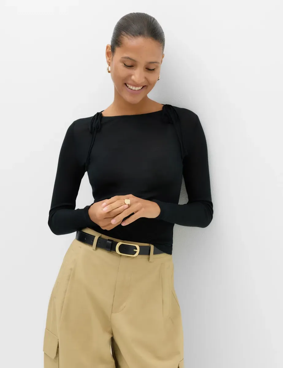 Tie Shoulder Long Sleeve Top With Wool Black
