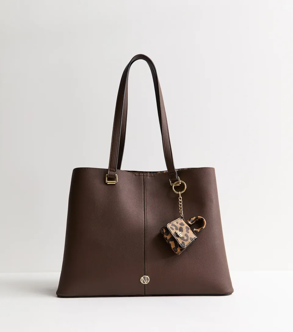 Dark Brown Faux Leather Tote Bag with Mini Bag Charm