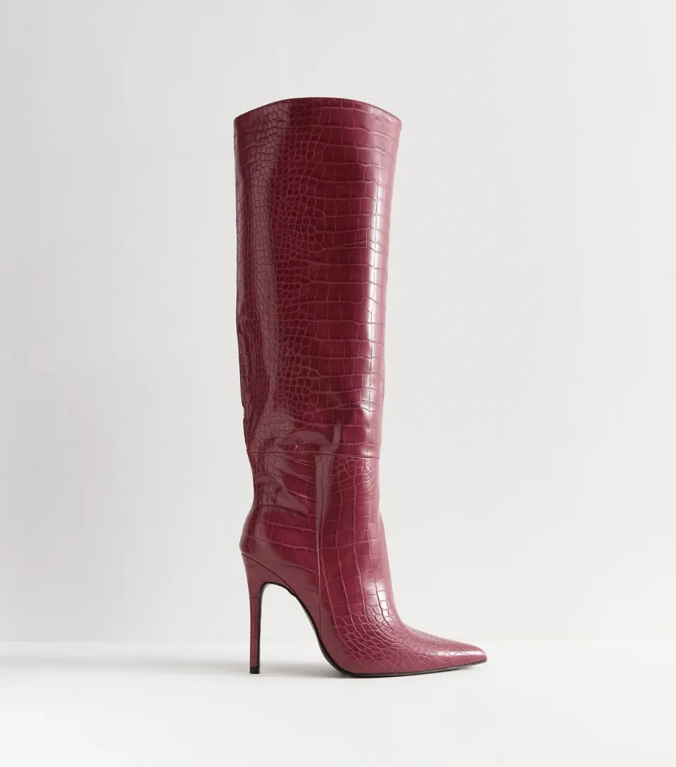 Women's Dark Burgundy Nova Crocodile Embossed Knee High Boots