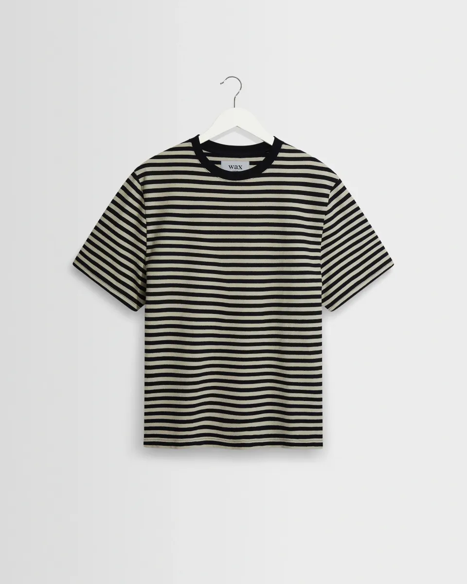 Dean - Navy and Ecru Striped Textured Organic Cotton t-Shirt