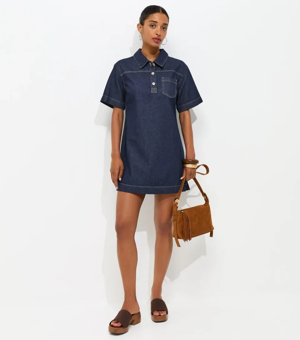 Women's Indigo Wash Denim Short Sleeve Tunic Dress