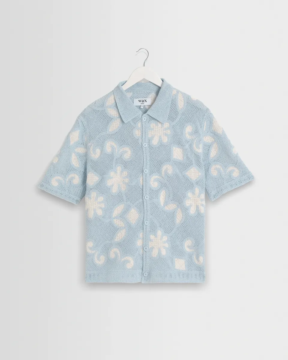 Porto - Pale Blue Doodle Crochet Knitted Shirt
