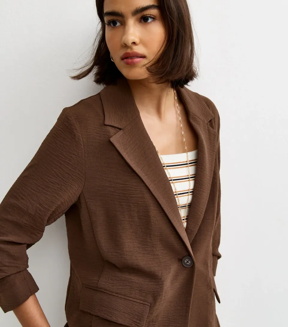 Women's Dark Brown Ruched Sleeve Blazer