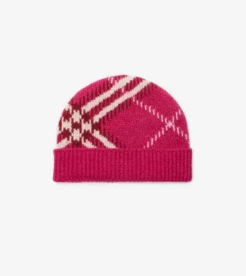 Check Cashmere Blend Beanie in Jam pink