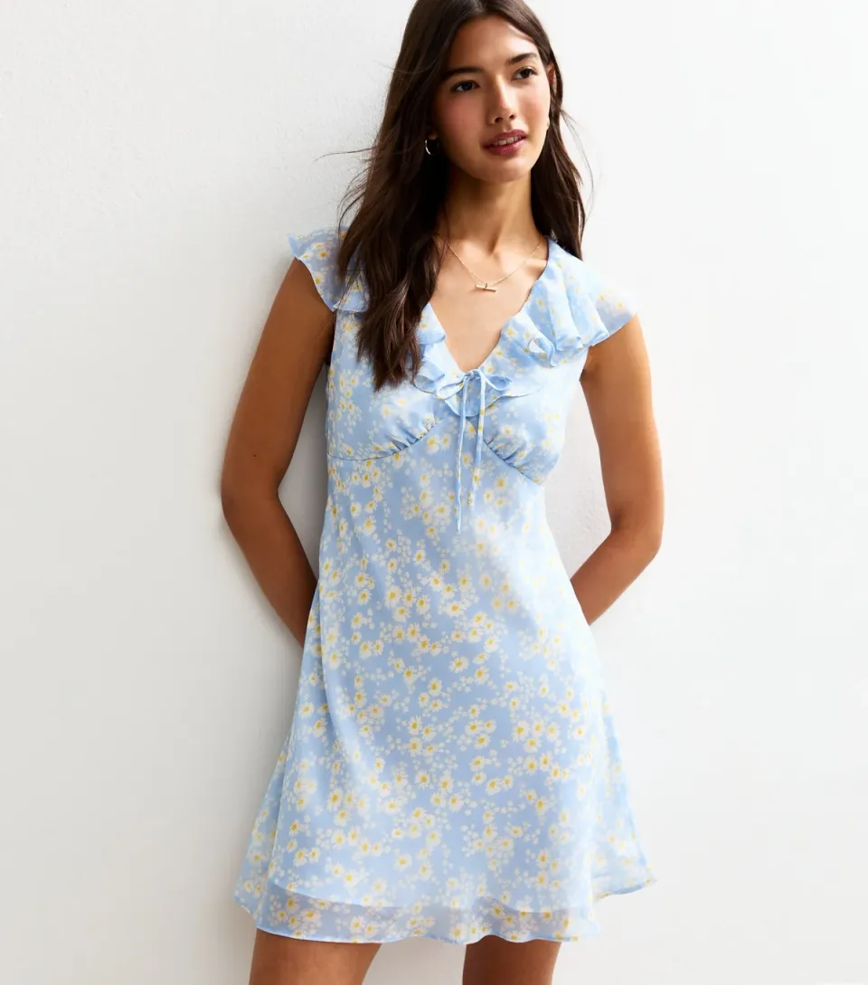 Women's Blue Daisy Print Ruffle Trim Chiffon Mini Dress