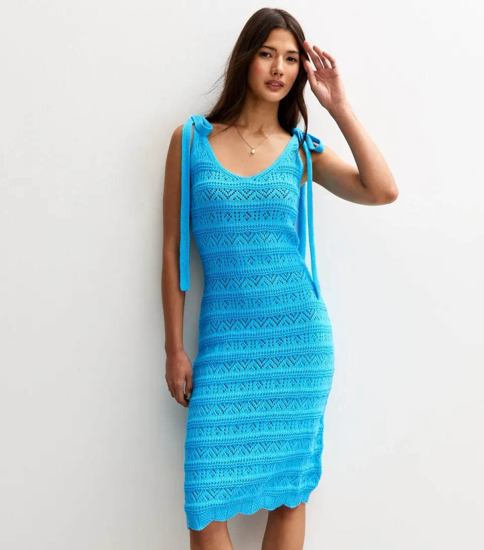 Women's Bright Blue Crochet Knit Mini Dress