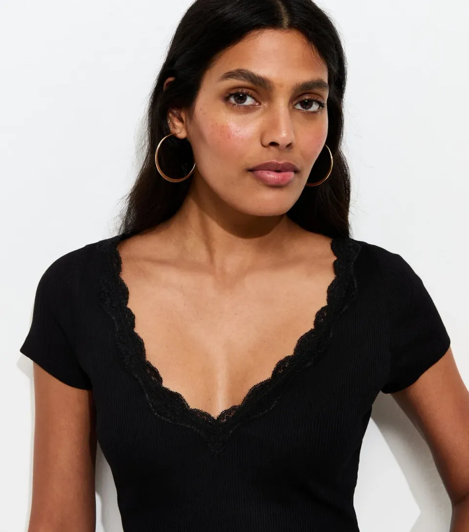 Women's Black V Neck Lace Trim Top