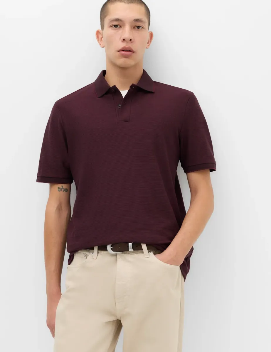 Cotton Rich Striped Short Sleeve Polo Shirt Bordeaux